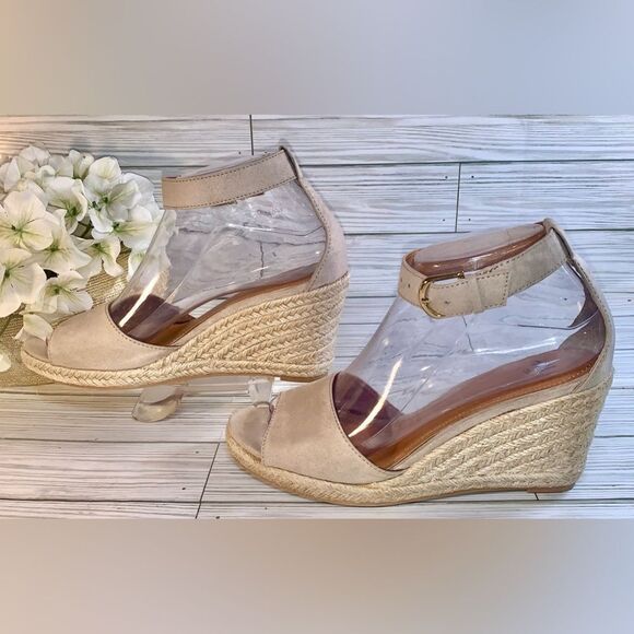 H&M Beige Espadrille Wedge Open Toe Faux Suede Sandals S:7.5 - Picture 2 of 9